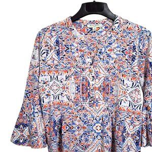 Studio Works Top PM Blue Orange Polyester Henley 3/4 Bell Sleeve Stretch Casual